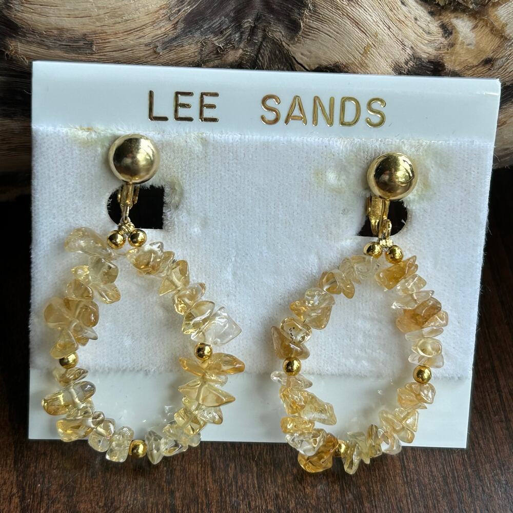 LEE SANDS Pastel tan Crystal clip on Earrings Retired QVC gold tone